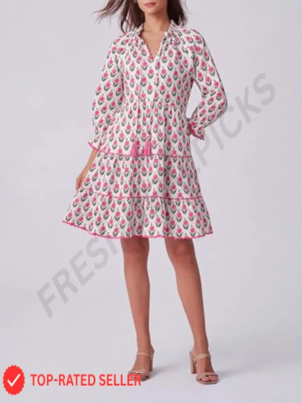 Long Sleeve Floral Ruffle V Neck Mini Babydoll Dress with Pockets - Picture 5 of 5